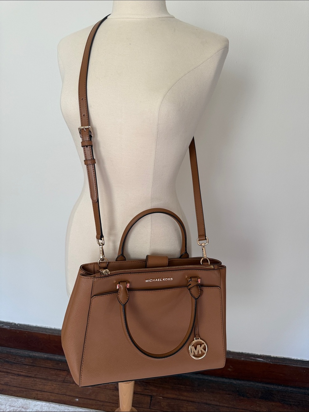Michael Kors Tan Leather Satchel with Gold MK Charm